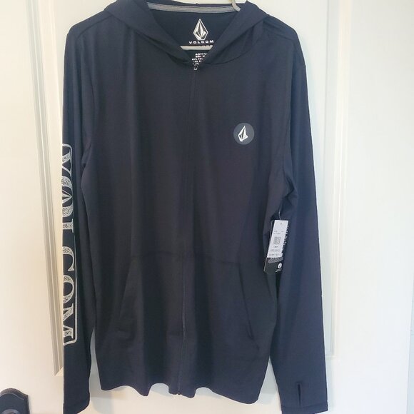 NWT Volcom Mens Rally Hooded Long Sleeve Thrashguard UV zip up shirt black M L - Picture 1 of 12